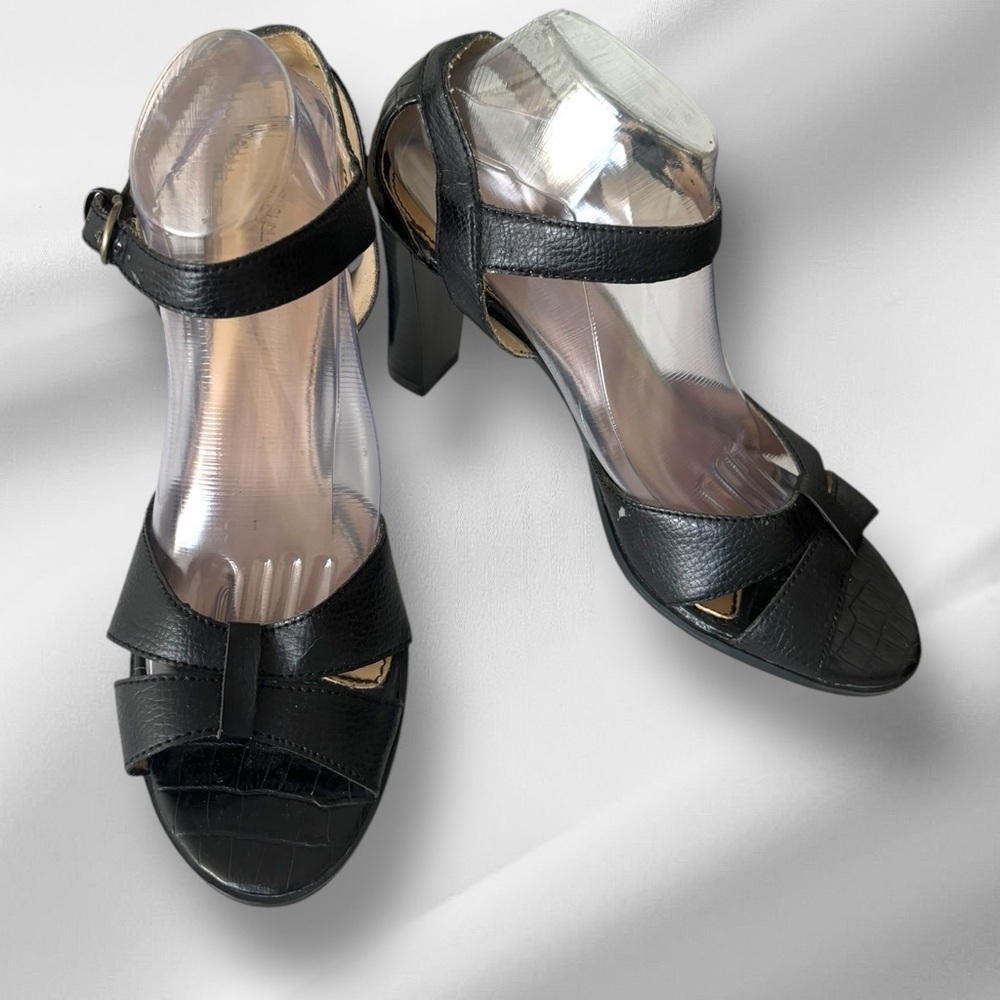 Fiona Black Pebbled Croc Heels Faux Leather Pump Open Ankle Strap Office‎ SZ 11